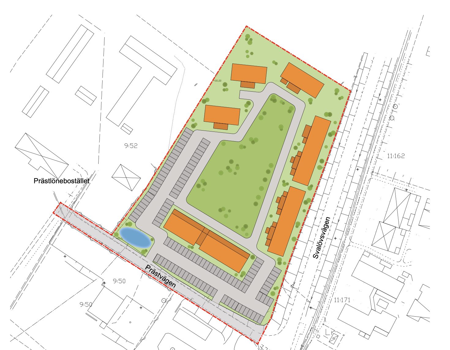 Illustrationsplan över kvarter i Billeberga med orange markerade byggnader, parkering och grönyta.