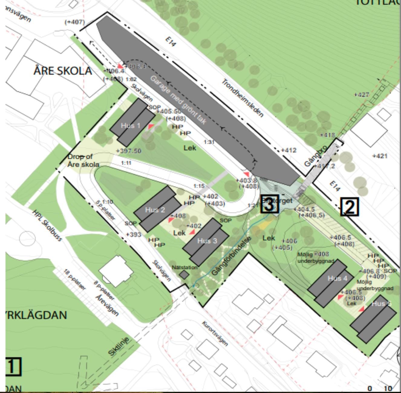 Situationsplan över Brolägdan i Åre med husvolymer, gångstråk, garage och Åre skola markerade.