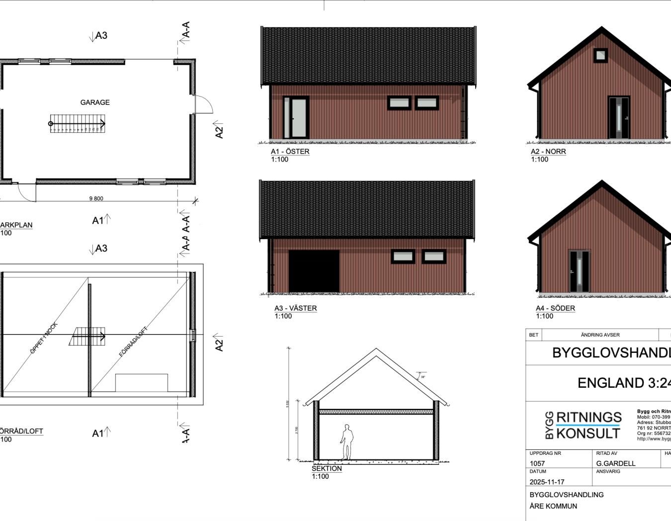 Bygglovsritning med planer, fasader i falurött och sektion för en garagebyggnad.